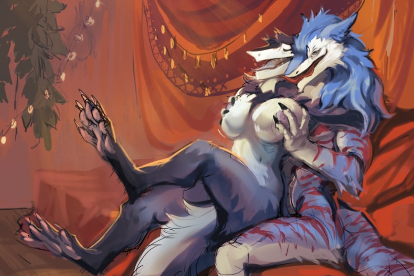 breast_grab breasts claws duo female hand_on_breast male male/female morpheuskibbe morpheuskibbe_(artist) nipples open_mouth open_smile pawpads sergal sitting smile tongue tongue_out