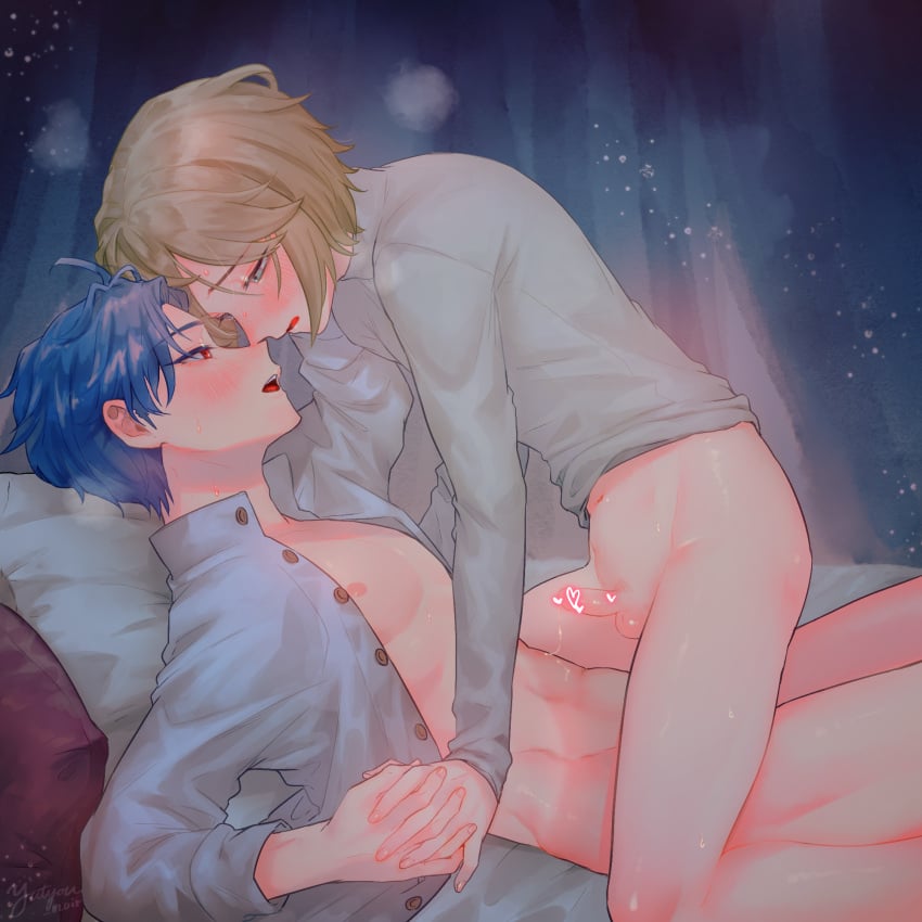 2boys alain_(unicorn_overlord) anal auch_(unicorn_overlord) bishounen blonde_hair blue_eyes blue_hair blush bottomless boy_on_top buttons censored collared_shirt curtained_hair erection eyelashes from_side hair_between_eyes heart heart_censor highres holding_hands light_particles long_sleeves male_focus multiple_boys noses_touching on_bed open_mouth partially_undressed penis profile red_eyes sex shiny_skin shirt short_hair signature small_penis steam sweat toned toned_male unicorn_overlord white_shirt yaoi yatyou6666