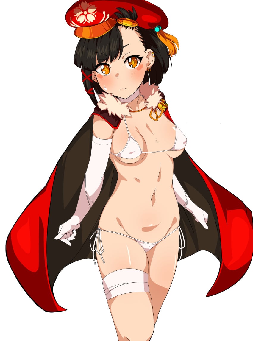 1girls absurdres bandaged_leg bandages bikini black_hair blush breasts cape commentary_request commission covered_erect_nipples cowboy_shot dragon_poker elbow_gloves erect_nipples erect_nipples_under_bikini erect_nipples_under_clothes gloves hat highres machika_(serenade) micro_bikini navel nipples_visible_through_clothing perky_nipples petite petite_body petite_breasts petite_female red_cape red_hat second-party_source seihekiog short_hair side-tie_bikini_bottom skeb_commission small_breasts solo standing swimsuit thighs white_bikini white_gloves young young_female young_woman