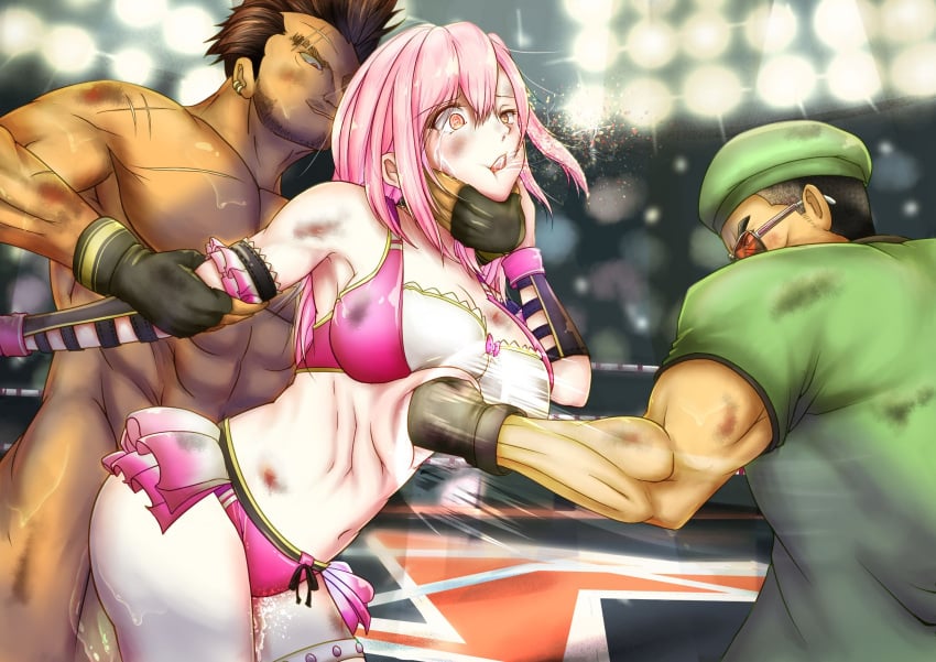 1girls 2boys armband bayman bruise dead_or_alive dead_or_alive_6 diego_(doa) female fighting frills haitei-yogisya honoka_(doa) male multiple_boys muscular_male pink_hair red_eyes restrained ryona thigh_strap wrestling_outfit wrestling_ring