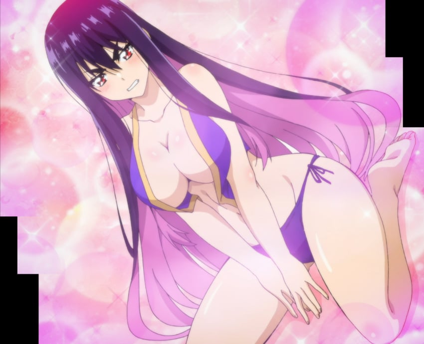 1girls anime_screenshot annoyed barefoot bikini black_hair blush breasts cleavage colored_inner_hair feet highres idola_avorn large_breasts legs long_hair multicolored_hair navel pink_hair purple_bikini red_eyes sentai_red_ga_isekai_de_boukensha_ni_naru side-tie_bikini_bottom stitched stomach swimsuit thick_eyebrows thighs third-party_edit two-tone_hair wide_hips