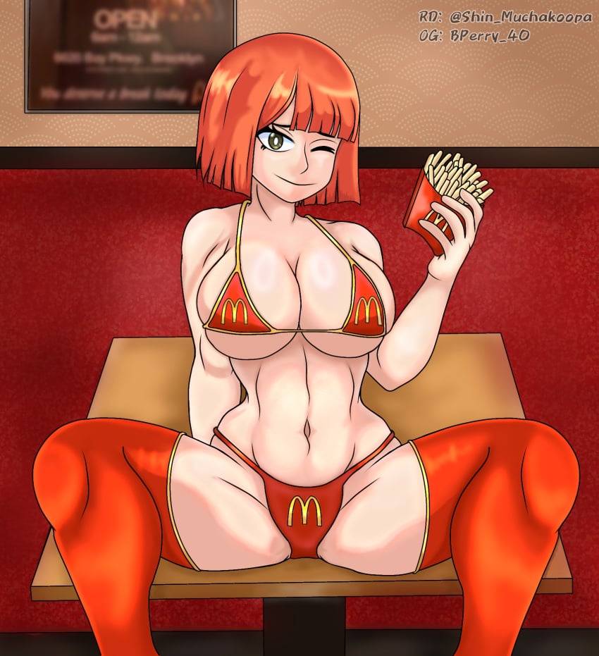 1girls big_breasts bikini breasts female female_only light-skinned_female light_skin mature mature_female mcdonald's milf mom_(japanese_mcdonald's_commercial) open_legs orange_hair red_hair redhead_female shin_muchakoopa sitting sitting_on_table smile smiling_at_viewer thick thick_thighs yoru_mac