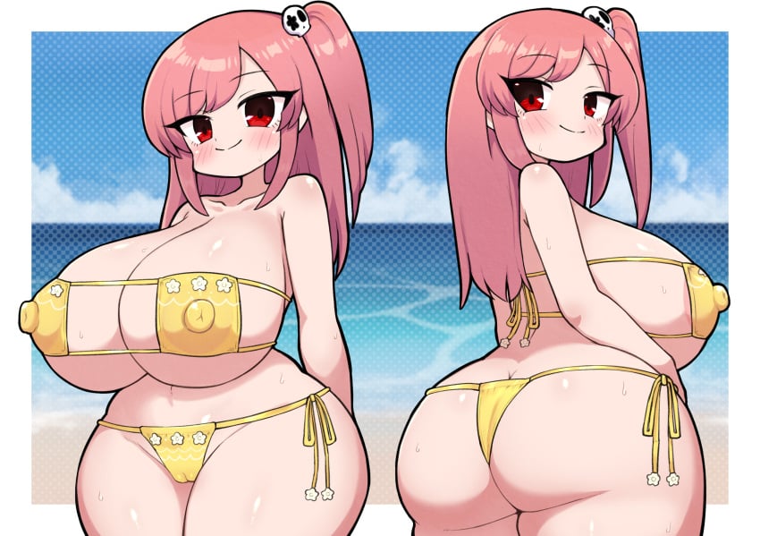 1girls ass_cleavage beach big_breasts bikini blush breasts cameltoe cleavage dead_or_alive eyepatch_bikini female female_only from_behind hair_ornament honoka_(doa) maruichi nipples nipples_visible_through_clothing outdoors pink_hair red_eyes shortstack side_ponytail smile solo standing string_bikini tsurime