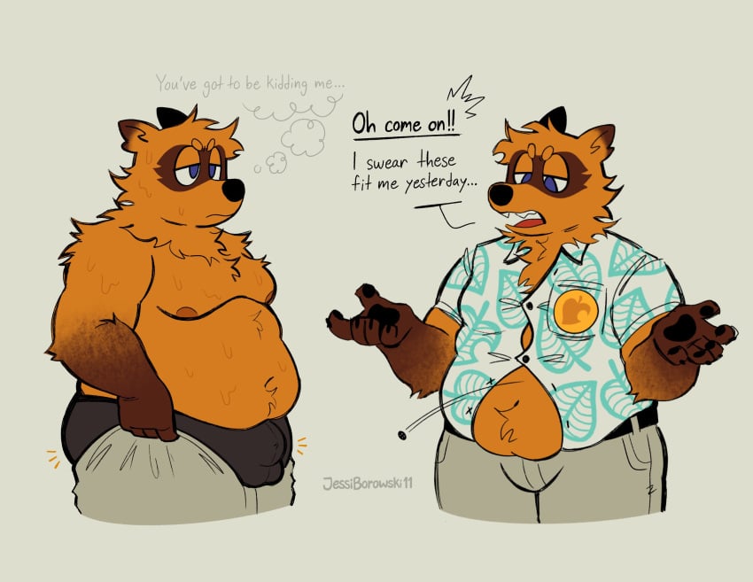 2025 absurd_res animal_crossing anthro balls_outline belly big_belly bottomwear bulge canid canine clothing detailed_bulge english_text genital_outline hi_res jessiborowski11 male mammal moobs nintendo nipples pants penis_outline raccoon_dog shirt simple_background solo tanuki text tom_nook_(animal_crossing) topwear