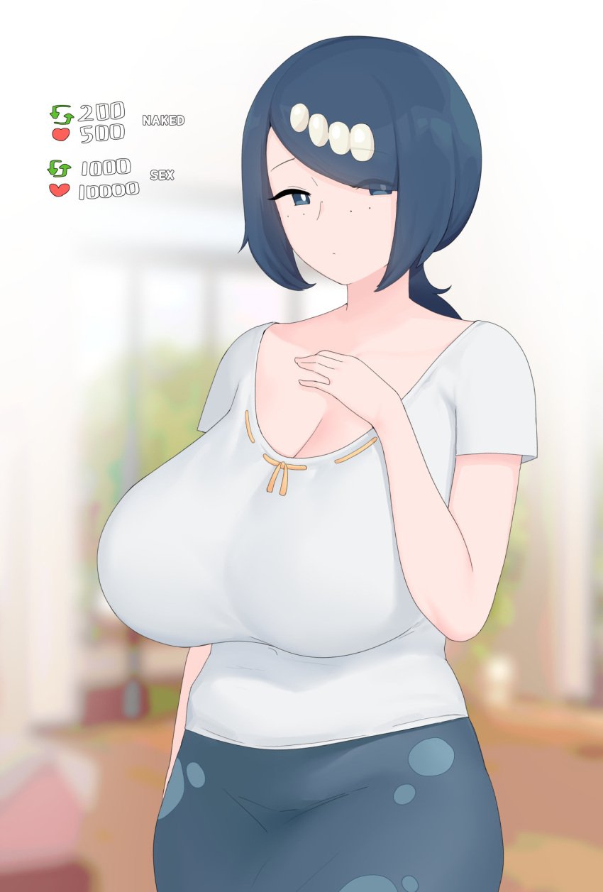 1girls big_breasts blue_eyes blue_hair breasts cleavage clothing female female_only freckles freckles_on_face game_freak hair lana's_mother_(pokemon) large_breasts like_icon mature mature_female mature_woman milf moebell mother pokemon pokemon_sm retweet_challenge retweet_icon shirt solo solo_female strip_game white_shirt