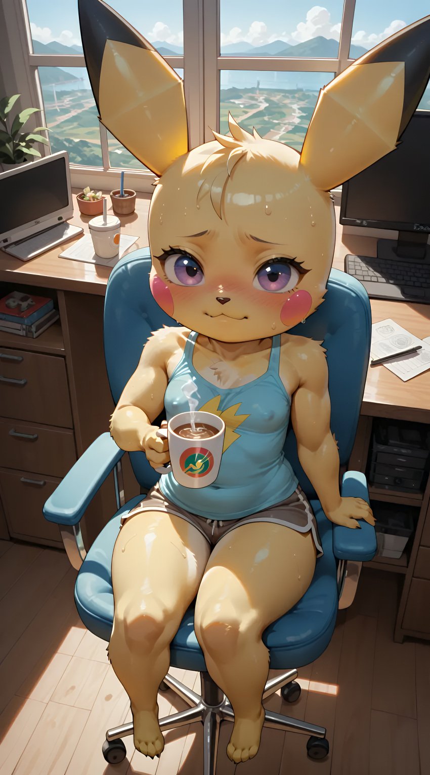 1girls above_view ai_generated anthro bare_shoulders barefoot belly belly_button blue_shirt blush claws curvy curvy_body curvy_female curvy_figure curvy_thighs day daytime erect_nipples eyebrows eyelashes female furry generation_1_pokemon hi_res highres holding holding_cup holding_object indoors looking_at_viewer nintendo pichu pokemon pokemon_(species) purple_eyes shorts shortstack shy sitting sitting_on_chair slightly_chubby small_breasts smaller_female solo sweat sweatdrop sweating sweaty synthneon thick_thighs yellow_body yellow_fur yellow_skin