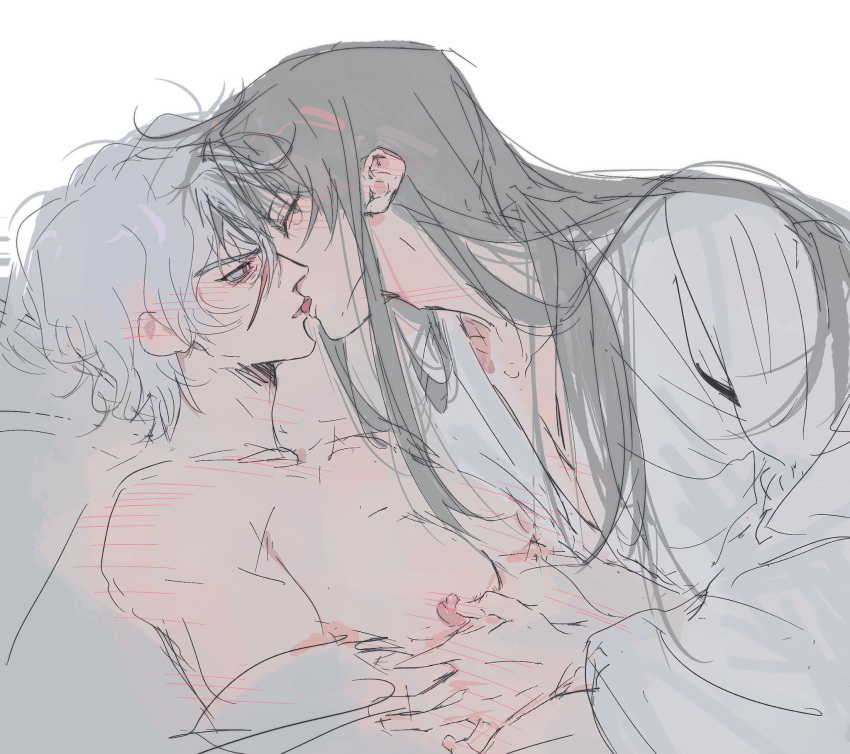 2boys blush closed_eyes colored_sketch erect_nipples facial_scar french_kiss gay gintama kimono kissing long_hair long_hair_male looking_at_another male male_only nipple_play nipple_rub nipple_stimulation oboro_(gintama) qzsfly scar teacher_and_student white_hair yaoi yoshida_shouyo