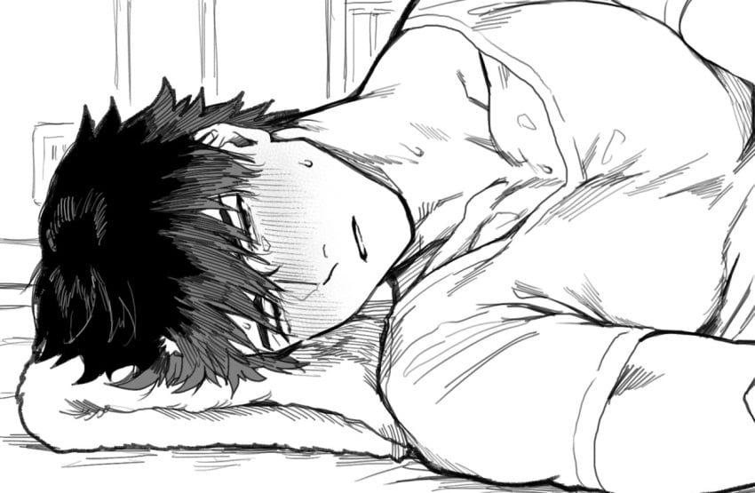 1boy black_eyes black_hair blush lying lying_on_side male male_only monochrome muscular_male original parted_lips shirt solo yukibi_(ykb)