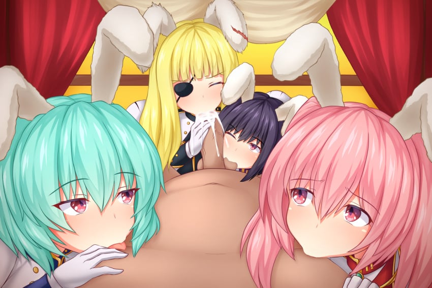 1boy 4girls artist_request blowjob bunny_ears cum_in_mouth licking_balls siesta_00 siesta_410 siesta_45 siesta_556 siesta_sisters sucking_nipples umineko_no_naku_koro_ni