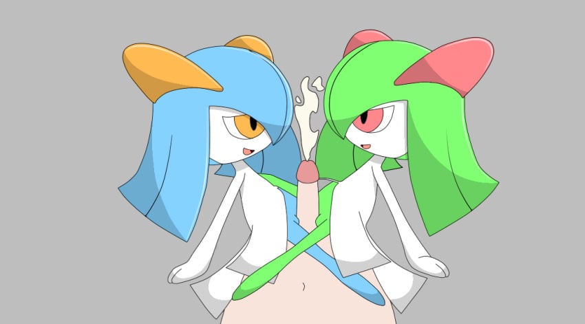 blue_hair cumshot green_hair kirlia orange_eyes pink_eyes pokemon shy_expression shy_smile smile white_fur