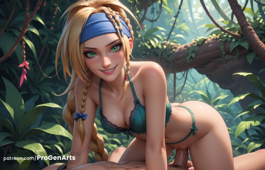 , 1boy 1boy1girl 1girls ai_generated artist_name blonde_hair blue_hairband blue_headband bow bra braid breasts cleavage collarbone cowgirl_position cowgirl_position erection final_fantasy final_fantasy_x final_fantasy_x-2 green_eyes green_panties headband hi_res lingerie lips long_hair looking_at_viewer medium_breasts nature navel outdoors panties panties_aside patreon_username penis plant progenarts pussy rikku sex smile solo_focus square_enix straight uncensored underwear underwear_only vaginal_penetration vaginal_penetration vaginal_sex vines