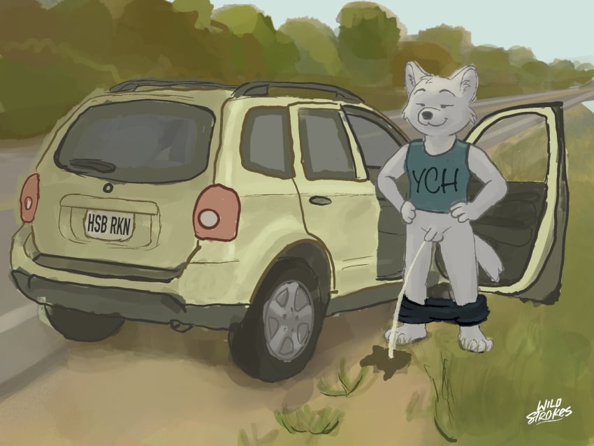4:3 advertisement anthro bodily_fluids bottomwear bottomwear_down canid canine canis car clothed clothing driving flaccid genital_fluids genitals grass hands_on_hips hi_res male mammal outside pants pants_down partially_clothed paws peeing peeing_on_ground penis plant relaxing road solo standing standing_pee tire urine urine_on_ground urine_stream vehicle wild_strokes wolf ych_(character)