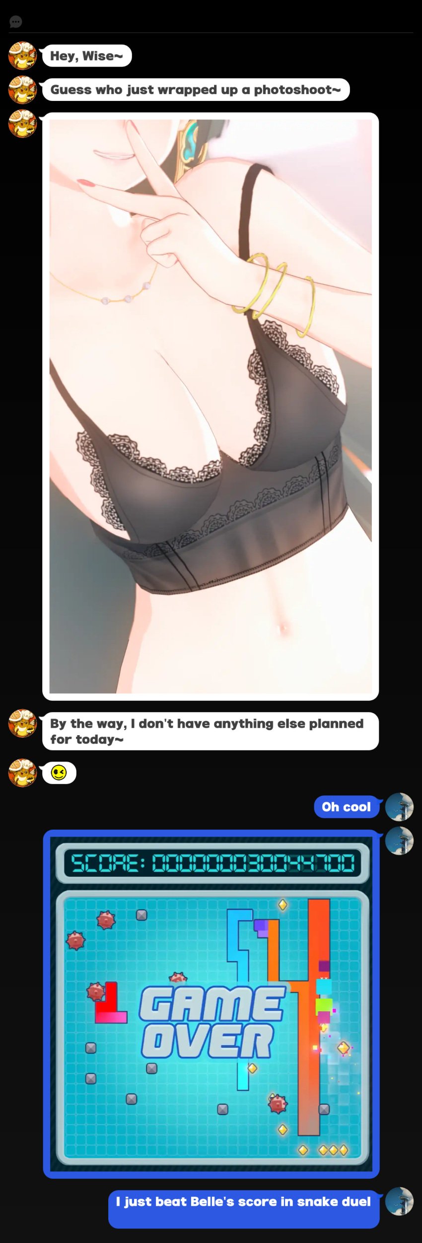 1boy 1girls 3d astra_yao black_hair breasts chat chat_box chat_log english_text female_only funny hoyoverse jewelry large_breasts lingerie midriff peace_sign phone phone_screen selfie sexting smile teasing texting wise_(zenless_zone_zero) zenless_zone_zero