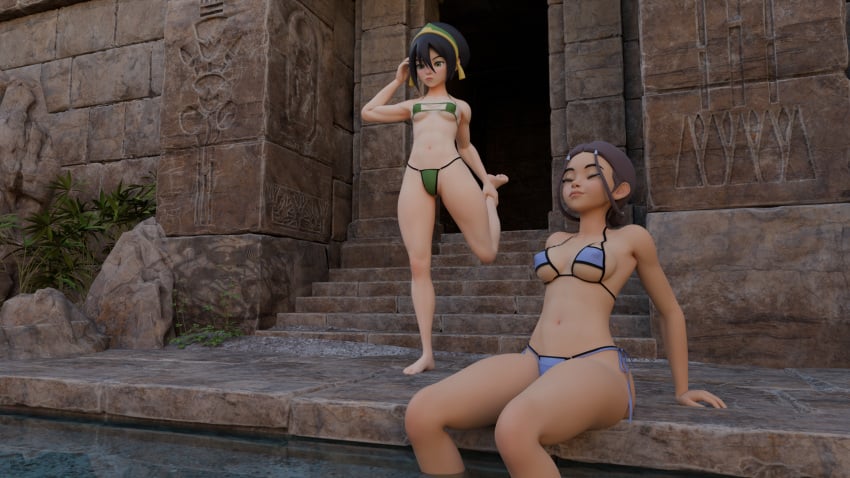 2girls 3d avatar_legends avatar_the_last_airbender barefoot bikini black_hair blender blind_eye blue_bikini braided_hair braided_ponytail breasts brown_hair closed_eyes dark-skinned_female dark_skin eyepatch_bikini fat_mons female female_only green_bikini human katara legs_in_water lia3d long_hair multiple_girls navel nickelodeon nicktoons outdoors partially_submerged pool poolside relaxing simple_smut sitting standing_on_one_leg stretching stretching_leg thong_bikini tied_hair toph_bei_fong water