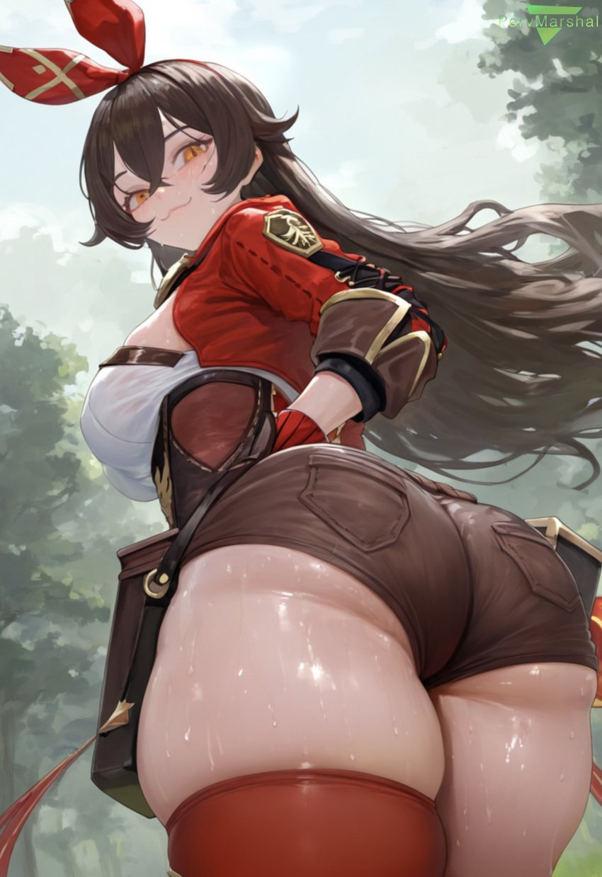 1girls ai_generated amber_(genshin_impact) amber_eyes big_ass big_butt brown_hair female female_focus female_only from_behind genshin_impact headband huge_ass large_ass large_butt long_hair looking_at_viewer looking_back marshalperv orange_hair pervmarshal posing short_shorts shorts small_breasts solo solo_female solo_focus stockings tagme tagme_(artist) thick_thighs watermark