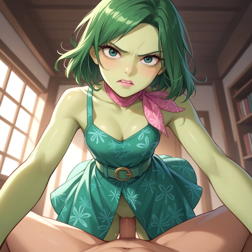 ai ai_generated anal anal_sex angry_expression anime anime_style bookshelf cleavage detailed_shading female green_dress green_eyes green_hair indoors male male_pov medium_breasts missionary_position penetration pink_scarf sexual_intercourse short_hair soft_lighting uncensored window