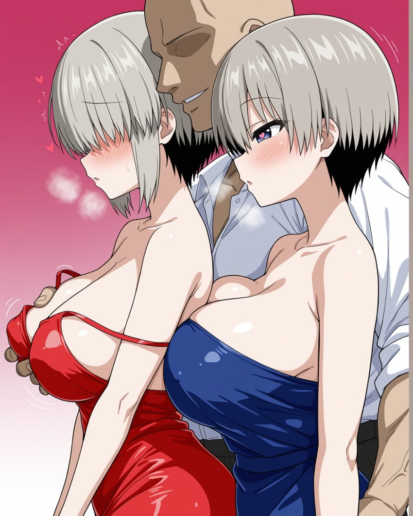 1boy 2girls 2girls1boy ai_generated bald bare_arms bare_shoulders blue_dress blue_eyes blush blush breast_grab breasts cleavage covered_eyes faceless_male gradient_background grey_hair grin hair_over_one_eye half-closed_eyes hand_on_hip heart heart-shaped_pupils heavy_breathing imminent_sex large_breasts netorare notreallyhere ntr parted_lips perky_breasts red_dress shimaidon short_hair simple_background sisters size_difference smile strap_slip tube_dress twitching two_tone_hair uzaki-chan_wa_asobitai! uzaki_hana uzaki_yanagi walking white_shirt