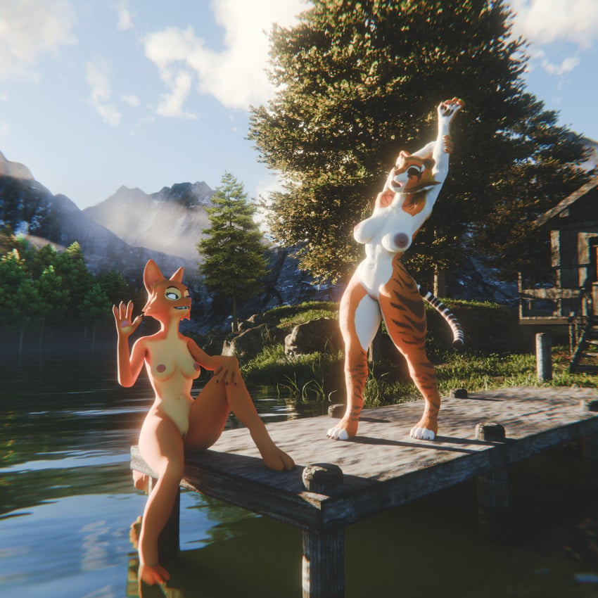 3d anthro blender cabin diane_foxington females_only foot_in_water forest furromantic kung_fu_panda lake nude nude_female orange_fur outdoors simple_smut sitting stretching the_bad_guys tigress_(kung_fu_panda)