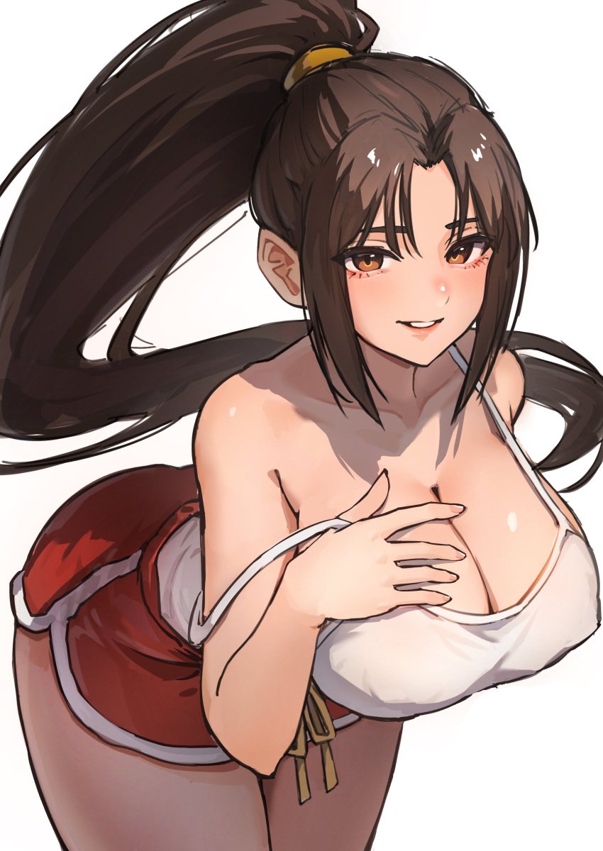 2d alternate_costume ap_cammy bare_shoulders breasts brown_eyes brown_hair curvy curvy_figure dolphin_shorts female female_only fully_clothed huge_breasts japanese_female large_breasts mai_shiranui ponytail shorts snk strap_slip street_fighter street_fighter_6 tank_top voluptuous white_topwear