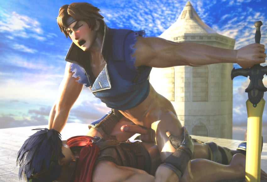 3boys 3d anal ass bara blue_hair blush brown_hair castlevania clothing crossover erection fire_emblem fire_emblem:_path_of_radiance fire_emblem:_radiant_dawn gay hanxulz hsfrx ike_(fire_emblem) muscular_male richter_belmont super_smash_bros. yaoi