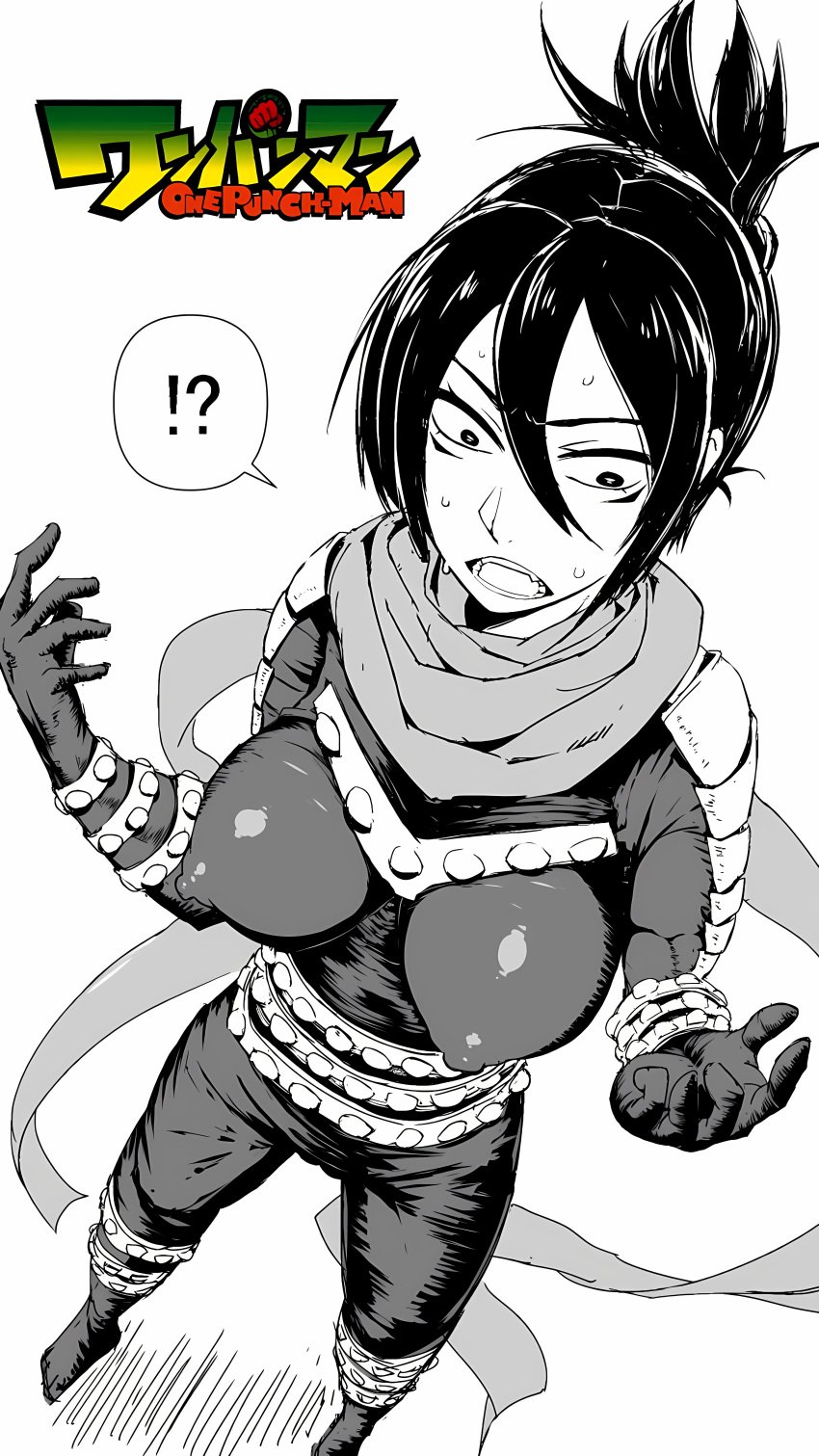 1girl akatsuki_katsuie breasts erect_nipples erect_nipples_under_clothes female_only firm_breasts genderswap_(mtf) male_to_female monochrome ninja_suit one-punch_man ponytail rule63 scarf speed-o'-sound_sonic surprised_expression transformation