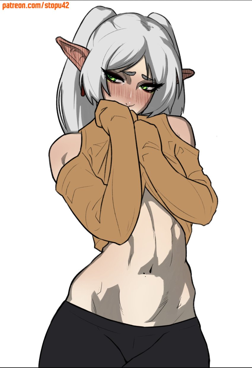 1girls 2025 abs belly belly_button blush blush blush_lines blushing_female delicious_in_dungeon earrings elf elf_ears elf_female elf_girl green_eyes leggings looking_down shy stopu white_hair