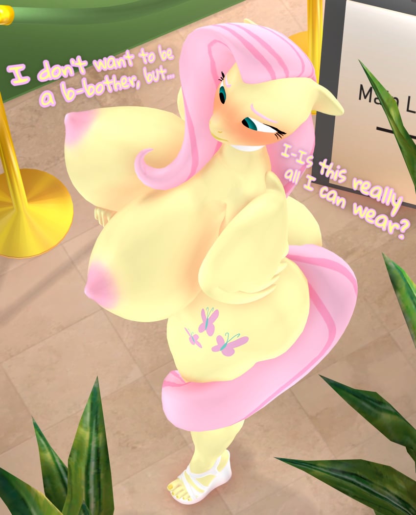 3d_(artwork) anthro anthrofied areola ass big_breasts big_butt biped blush breasts digital_media_(artwork) english_text equid equine female fluttershy_(mlp) friendship_is_magic hair hasbro hi_res huge_breasts huge_butt mammal my_little_pony nipples pink_areola pink_hair pink_nipples purplefondue solo standing text thick_thighs yellow_body