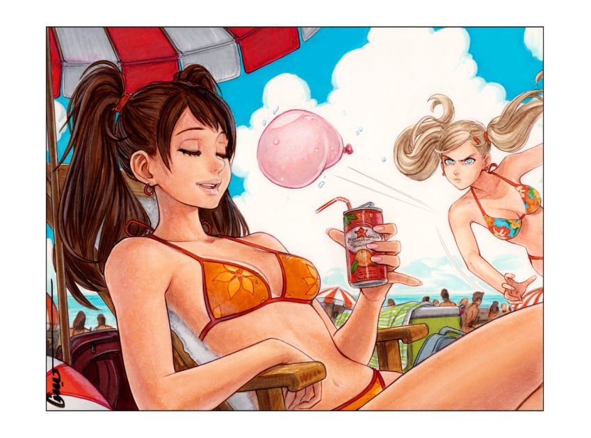 2girls angry beach beach_chair beach_umbrella bikini blonde_hair blue_eyes breasts brown_hair can closed_eyes drink_can earrings feet_out_of_frame floral_print hair_ornament hairclip halterneck holding holding_can jewelry kujikawa_rise large_breasts long_hair looking_at_another medium_breasts multiple_girls multiple_others nail_polish omar_dogan orange_bikini outdoors persona persona_4 persona_5 pink_nails print_bikini sitting soda_can speed_lines swimsuit takamaki_anne throwing twintails umbrella water_balloon