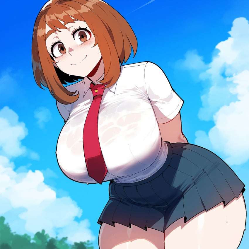 ai_generated artist_request bikini blush breasts brown_eyes brown_hair dark-skinned_male feet female huge_breasts interracial juuicyai massive_ass massive_breasts my_hero_academia ochako_uraraka ochako_uraraka_(hero_outfit) pov sweat