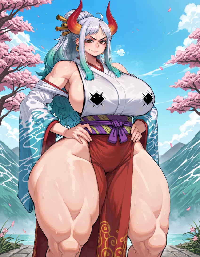 1girls ai_generated athletic_female big_breasts blush_lines blushing_at_viewer breasts female female_focus female_only hair_accessory hair_sticks hoop_earring horns long_ponytail looking_at_viewer multicolored_hair muscular muscular_anthro muscular_female nude one_piece presenting thick_breasts thick_thighs toned toned_body toned_female yamato_(one_piece) yellow_eyesabs