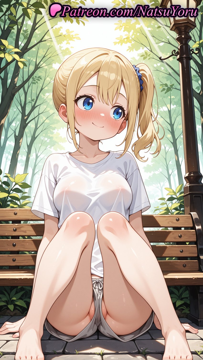 1girls 2025 ai ai_assisted ai_generated anime anime_style asian bangs bare_legs barefoot bench blonde_hair blue_eyes blue_scrunchie blush breasts bust busty closed_mouth collarbone covered_nipples day dolphin_shorts feet female female_focus female_only foot_fetish full_body grey_shorts hair_between_eyes hair_ornament hair_scrunchie hayasaka_ai hentai hi_res high_quality high_resolution highres kaguya-sama_wa_kokurasetai_~tensai-tachi_no_renai_zunousen~ knees_together_feet_apart knees_up lamppost legs long_hair looking_at_viewer looking_away looking_to_the_side medium_breasts natsuyoru no_bra no_panties nose_blush outdoors partially_visible_vulva patreon pussy pussy_peek scrunchie see-through see-through_shirt shirt short_shorts short_sleeves shorts side_ponytail sidelocks sitting smile solo solo_female stable_diffusion t-shirt thighs toenails toes tree tshirt upshorts voluptuous voluptuous_female wet wet_clothes wet_shirt white_shirt