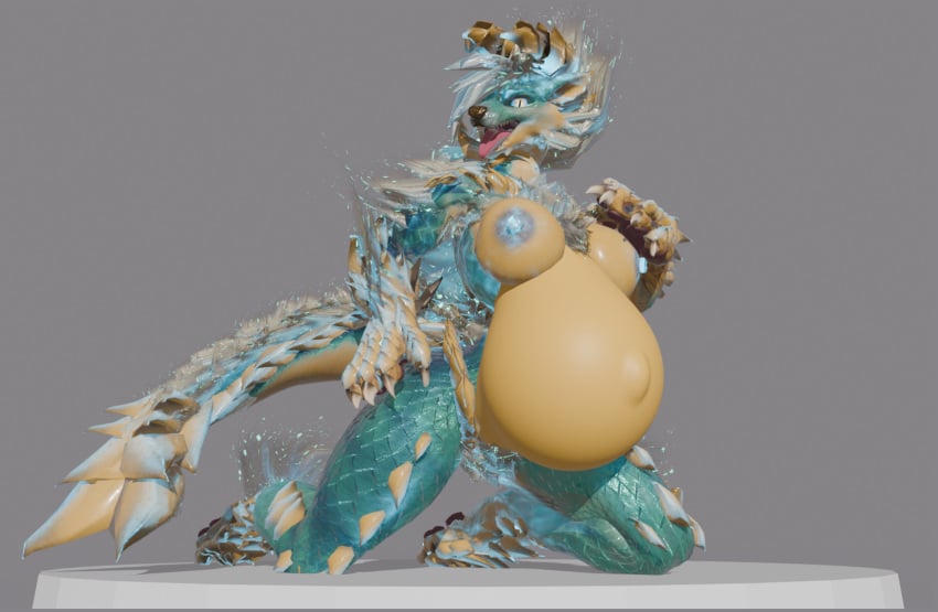 3d anthro apekweit belly big_belly bioluminescence blender_(artwork) breasts capcom digital_media_(artwork) fanged_wyvern female glowing hand_on_breast hand_on_hip hi_res kneeling looking_at_viewer monster_hunter nipples open_mouth phrostbite platform pregnant pregnant_anthro pregnant_female scales solo spines tail tongue tongue_out zinogre zinogre_(apekweit)