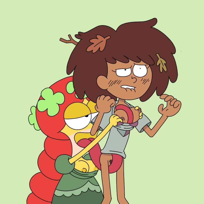 2girls adullperson amphibia amphibian anne_boonchuy anthro anthro_on_human bottomless breasts breasts_out brown_hair color color_edit colored colored_sketch cunnilingus dark-skinned_female dark_skin disney disney_channel felicia_sundew female female_only interspecies long_tongue nipples pubic_hair tongue yuri