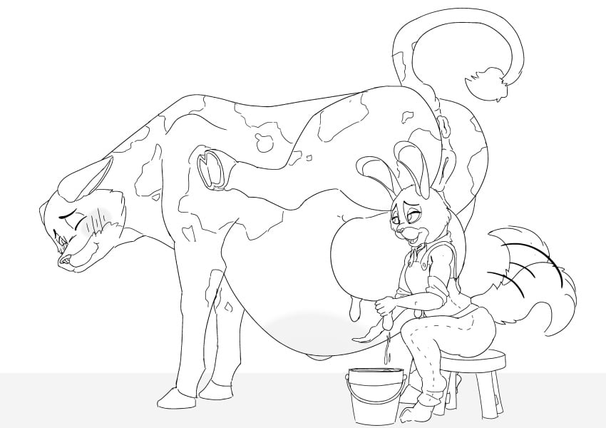 absurd_res anthro belly big_belly blush bodily_fluids bovid bovine breast_milking canid canine cattle disney duo farmer farmgirl female female/female feral fox gynomorph happy hi_res intersex judy_hopps lactating lagomorph leporid mammal mrripper338 mtf_crossgender nick_wilde rabbit rule_63 transformation zootopia