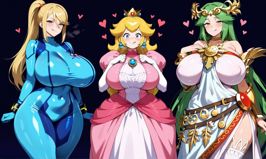 3girls ai_generated big_breasts blonde_hair bodysuit breath crossover crown daidouji_(artist) daidoujipv dress green_hair heart huge_breasts kid_icarus licking licking_lips long_hair looking_at_viewer mario_(series) metroid multiple_girls nintendo palutena ponytail princess_peach samus_aran venus_body wide_hips