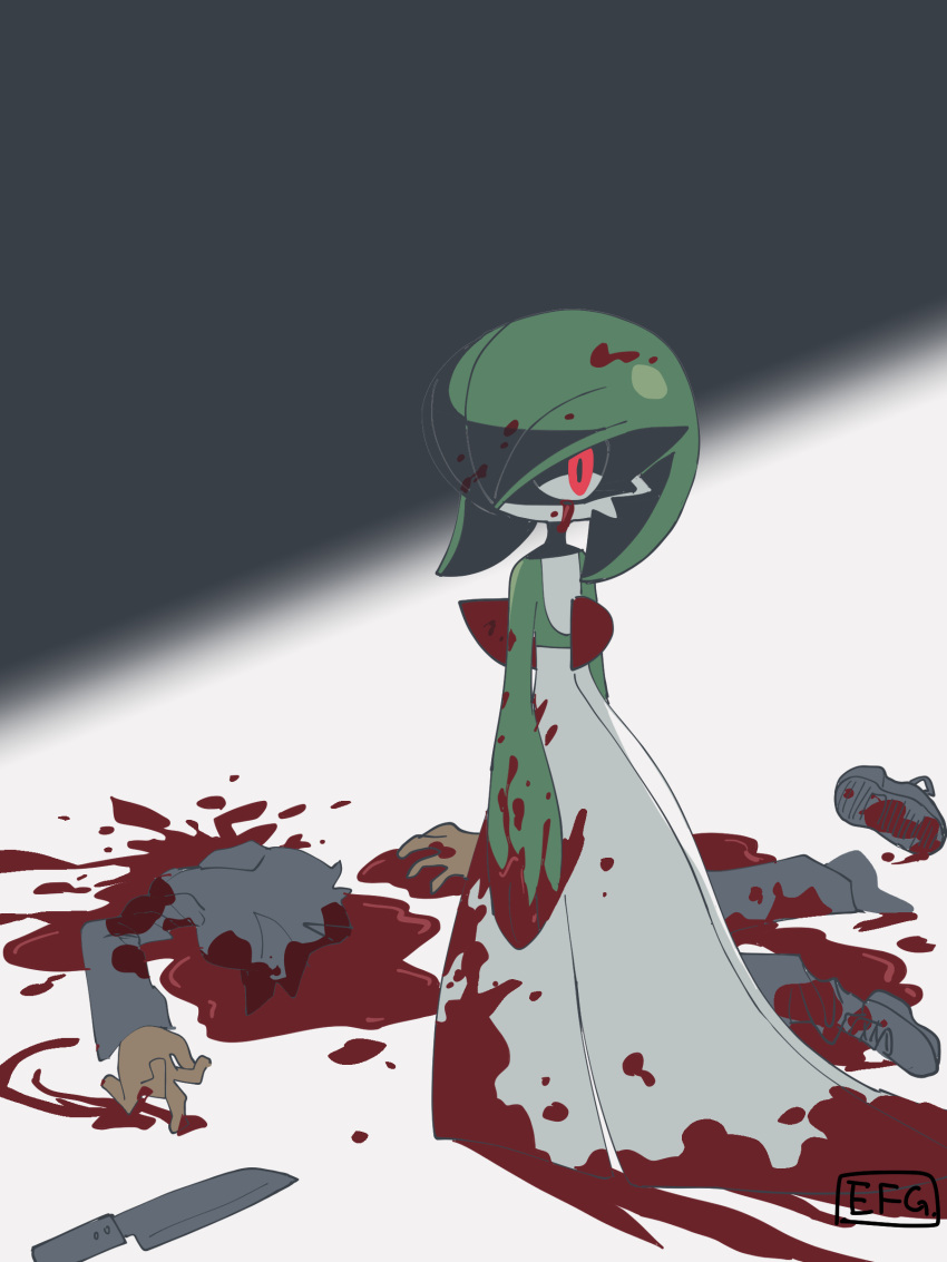 1boy absurdres arms_at_sides artist_name back bisected blood blood_on_face blood_on_hands bob_cut colored_skin commentary_request corpse dismemberment female from_behind full_body gardevoir green_hair green_skin guro hair_over_one_eye highres hime_takeo kitchen_knife looking_at_viewer looking_back multicolored_skin nintendo not_porn one_eye_covered pokemon pokemon_(creature) pool_of_blood red_eyes short_hair signature solo_focus standing textless_version two-tone_background two-tone_skin white_skin yandere