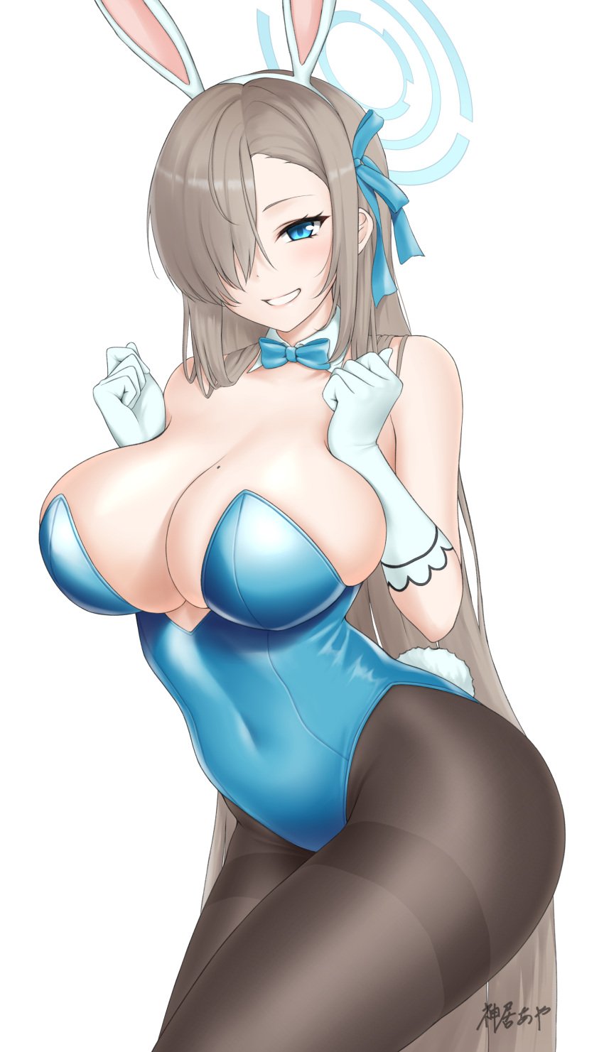 absurdres animal_ears asuna_(blue_archive) asuna_(bunny)_(blue_archive) bare_shoulders blue_archive blue_bow blue_bowtie blue_eyes blue_halo blue_leotard blush bow bowtie breasts brown_hair cleavage collarbone covered_navel detached_collar fake_animal_ears fake_tail female gloves hair_over_one_eye hair_ribbon halo highres kamui_aya large_breasts leotard long_hair mole mole_on_breast pantyhose playboy_bunny rabbit_ears rabbit_tail ribbon signature smile solo strapless strapless_leotard tail thighband_pantyhose very_long_hair white_gloves