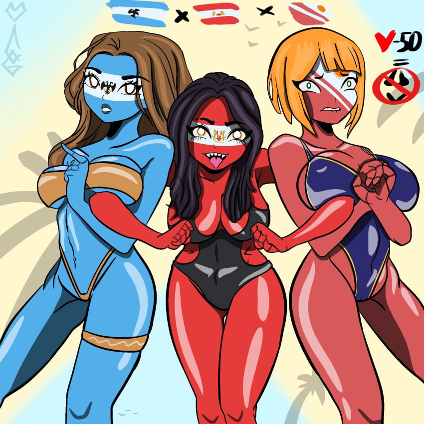 3girls big_breasts bikini black_bikini black_hair blonde_hair blue_bikini blue_eyes brown_eyes brown_hair countryhumans countryhumans_girl countryhumans_oc evil_smile female female_only flazil hourglass_figure imperio_argentino nervous orange_bikini orange_eyes peruanita_imperial_(countryhumans) request voluptuous voluptuous_female