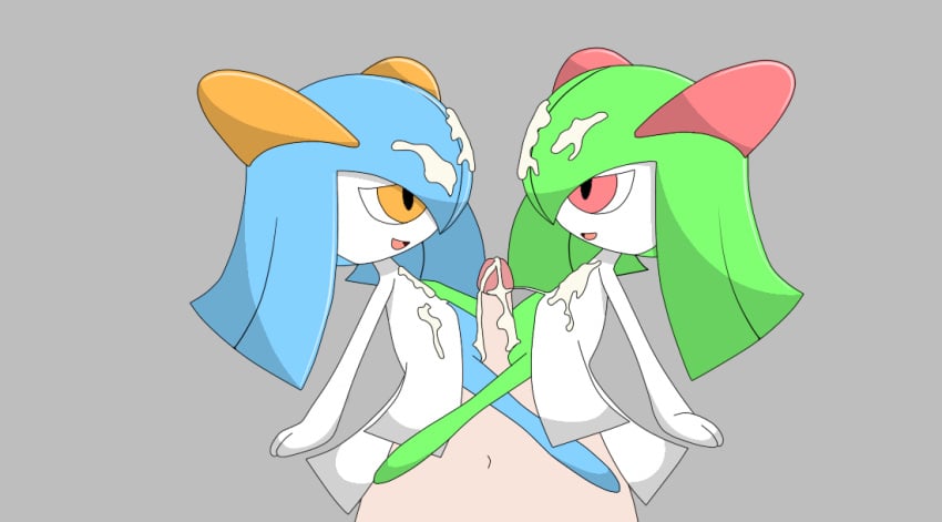 blue_hair cum_on_face cumshot green_hair kirlia orange_eyes pink_eyes pokemon shy_expression shy_smile smile white_fur