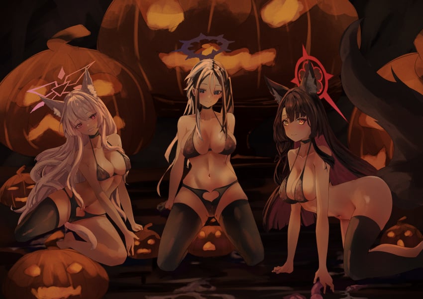 3girls absurdres akira_(blue_archive) animal_ear_fluff animal_ears barefoot black_bra black_hair black_panties black_thighhighs blue_archive blush bra cat_ears cat_girl cat_tail closed_mouth covered_nipples forehead fox_ears fox_girl fox_tail grey_eyes hair_between_eyes halloween highres jack-o'-lantern kai_(blue_archive) kneeling kuroroui looking_at_viewer multicolored_hair multiple_girls navel no_panties one_side_up panties red_eyes single_thighhigh sitting smile tail thighhighs underwear wakamo_(blue_archive) white_hair yellow_eyes