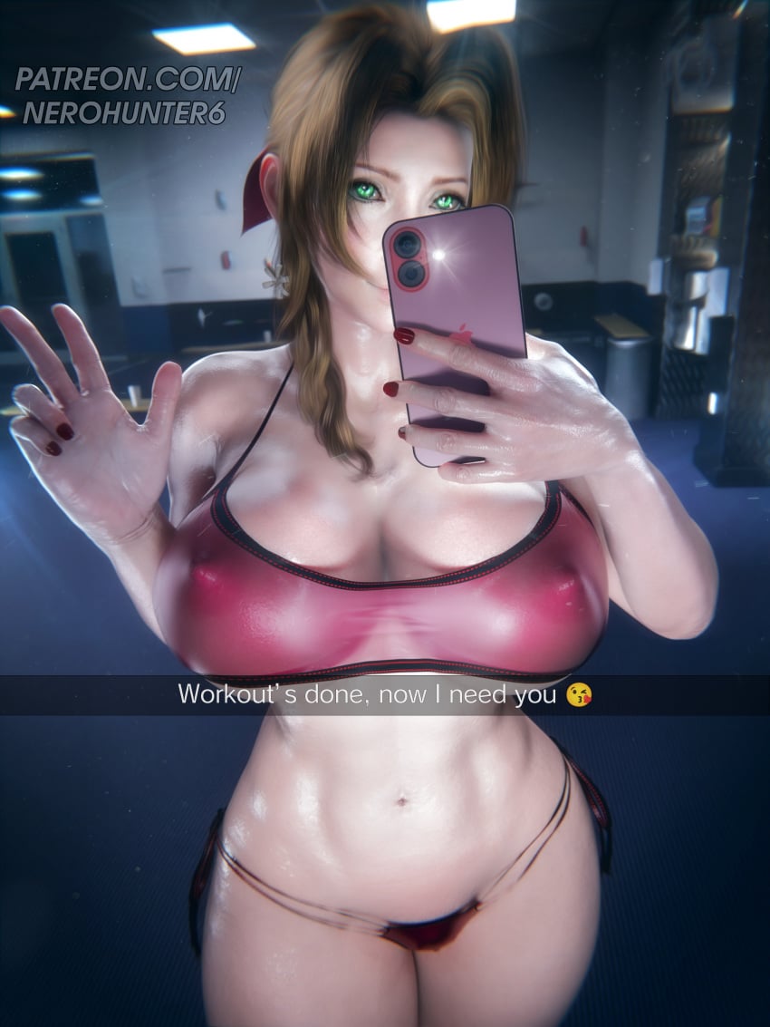 1girls aerith_gainsborough athletic athletic_female big_boobs big_breasts boobs breasts brown_hair brown_hair_female female female_focus female_only final_fantasy final_fantasy_vii green_eyes green_eyes_female large_boobs large_breasts light-skinned_female light_skin looking_at_phone nerohunter6 solo solo_female solo_focus toned toned_female