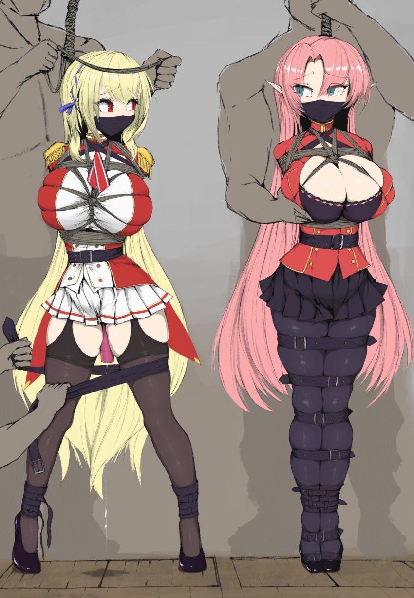 2girls belts blonde_hair gagged gallows noose pink_hair