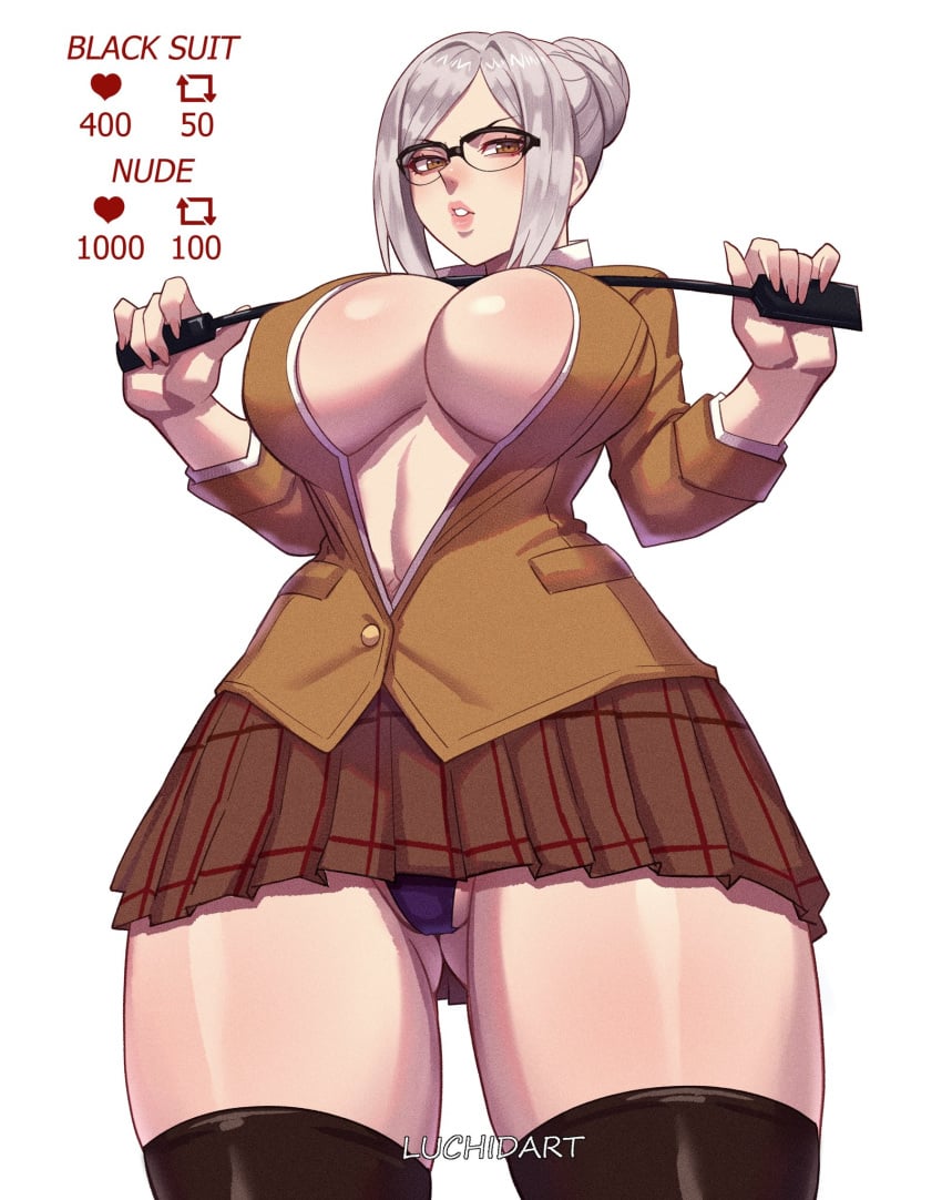 1girls bimbo breasts brown_eyes brown_skirt cleavage eyewear female female_only glasses grey_hair hair hair_bun holding_weapon huge_breasts legwear like_icon lips luchidart mature mature_female mature_woman miniskirt pantyshot pleated_skirt prison_school purple_panties retweet_icon shiraki_meiko short_skirt skimpy skimpy_clothes skirt solo solo_female thick_thighs thighhighs thighs weapon