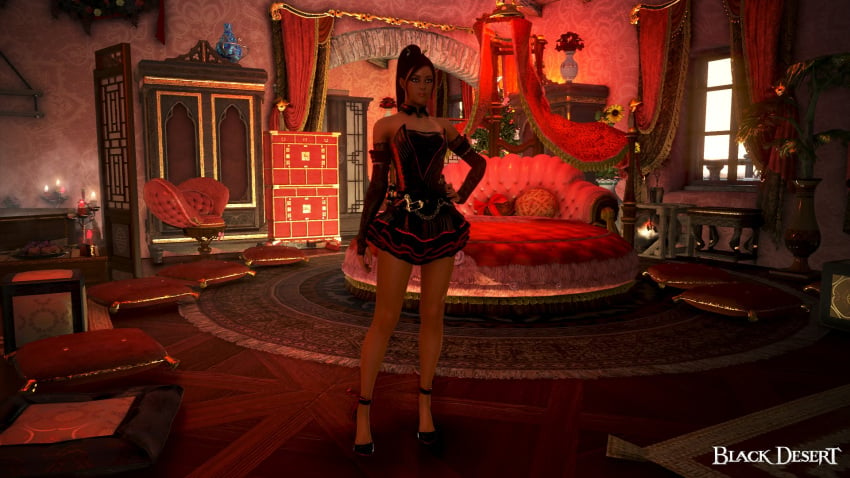 3d arab_female arabian_female bdo beurette black_dress black_gloves black_hair black_heels exposed game_screenshot gloves heels legs ponytail shiny_dress shiny_gloves yourbdoslave