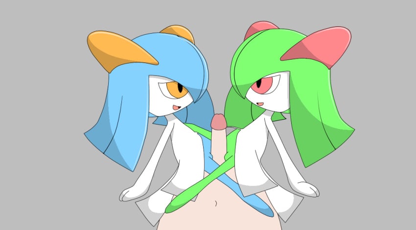 blue_hair green_hair kirlia orange_eyes pink_eyes pokemon shy_expression smile white_fur