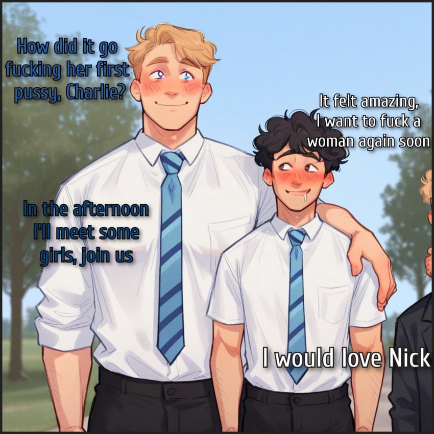 2boys ai_generated asking_to_join before_sex blush bromance charlie_spring couple cute_male drooling gay_couple hands_on_shoulders handsome_man heartstopper himbo hunk jock necktie netflix nick_nelson school_uniform schoolboy talking