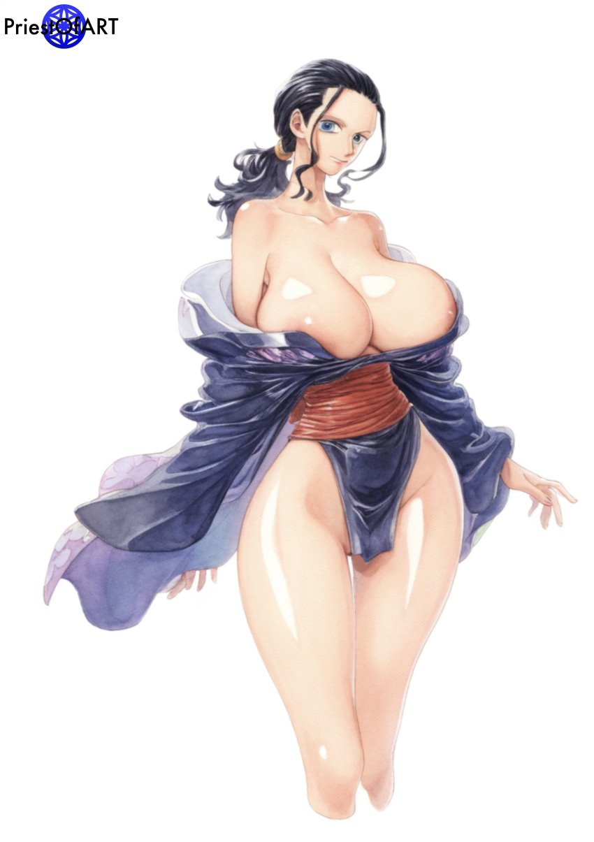 1girls ai_generated areola_slip bare_shoulders big_breasts black_hair blue_eyes color female female_focus female_only full_body huge_breasts kunoichi large_breasts long_hair long_legs low_ponytail nico_robin one_piece open_clothes ponytail priestofart simple_background solo solo_female solo_focus tagme tagme_(artist) tagme_(character) thick_thighs thin_waist watermark white_hair wide_hips