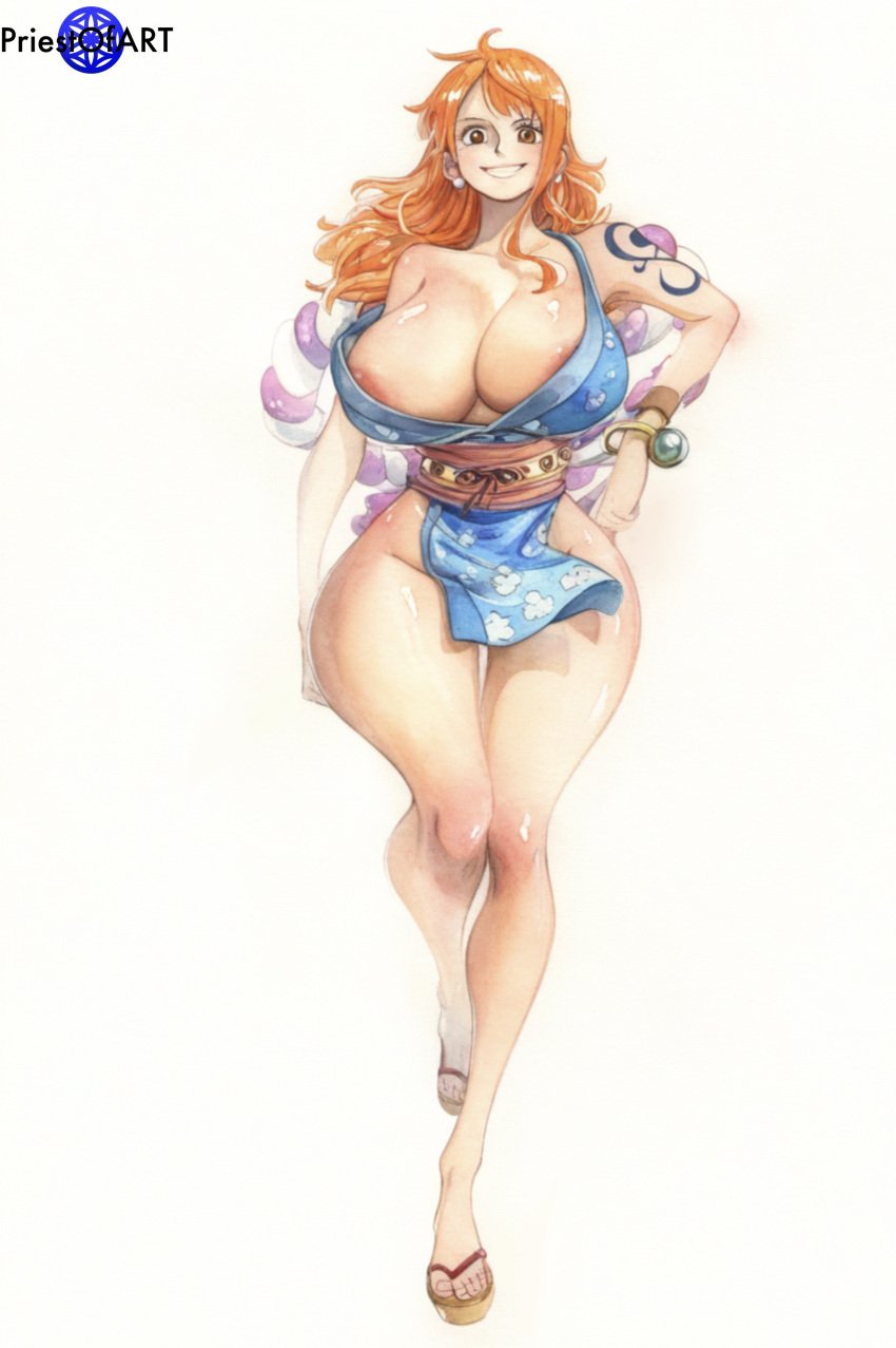 1girls ai_generated areola_slip big_breasts brown_eyes clothing color female female_focus female_only full_body huge_breasts kunoichi large_breasts long_hair long_legs nami nami_(one_piece) one_piece open_clothes orange_hair priestofart simple_background smile solo solo_female solo_focus tagme tagme_(artist) tagme_(character) tattoo tattoo_on_arm thick_thighs thin_waist watermark white_hair wide_hips