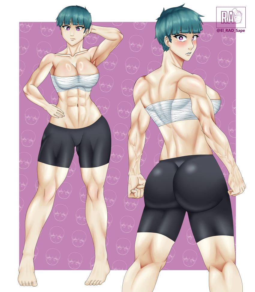 1girls abdomen ally_(radiant_artist) back_view bandage big_ass big_breasts big_thighs black_shorts bubble_butt defined_muscles green_hair muscular muscular_female original original_character purple_eyes radiant_artist sharp_teeth short_hair shorts thigh_ass-cheeks thighs tomboy