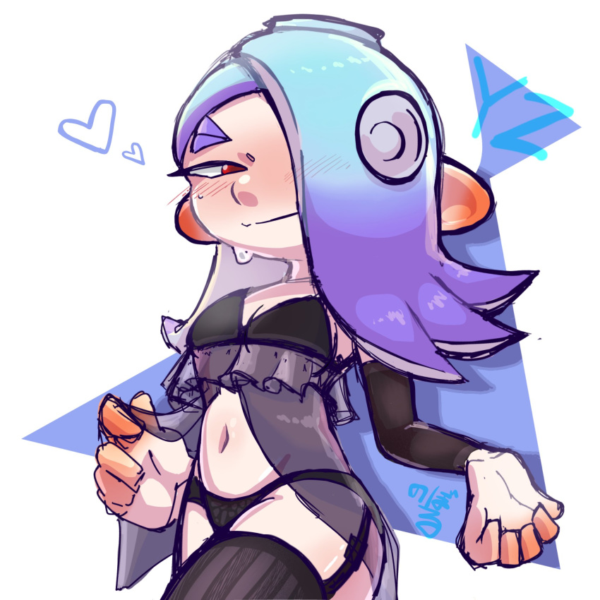 blue_hair blush garter_straps hair_over_one_eye heart_symbol lingerie navel nightie noboru_eaka_(artist) shiver_(splatoon) sleeves splatoon splatoon_(series) splatoon_3 sweat